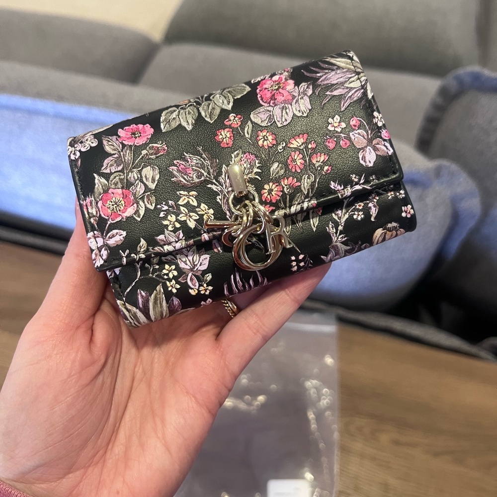 Dior Black Floral Calfskin Wallet with Gold Charm